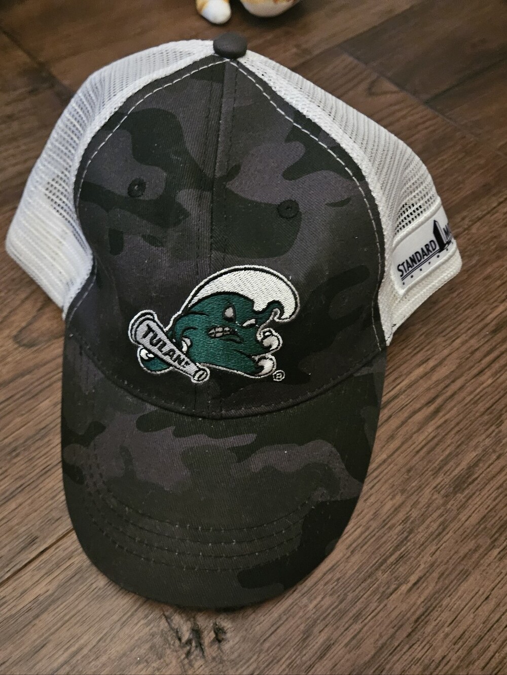 Tulane Green Wave Standard Mortgage SGA Snapback Cap Hat Camo White Mesh Back.